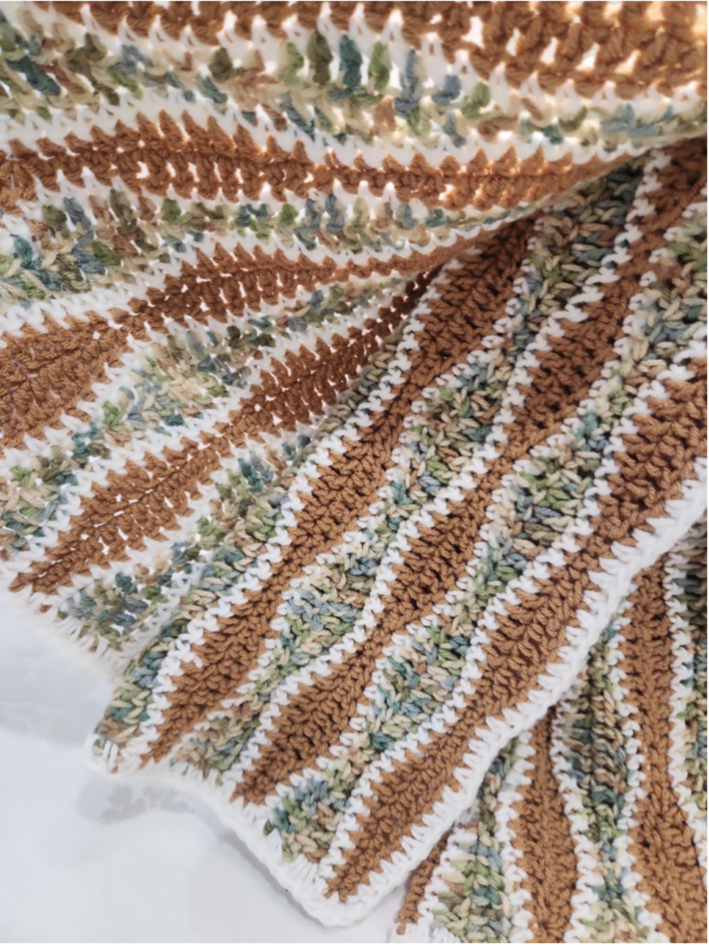 Hand Crocheted Baby Afghan Blanket Brown Green White Ripple 36 x 40 - Picture 3 of 6